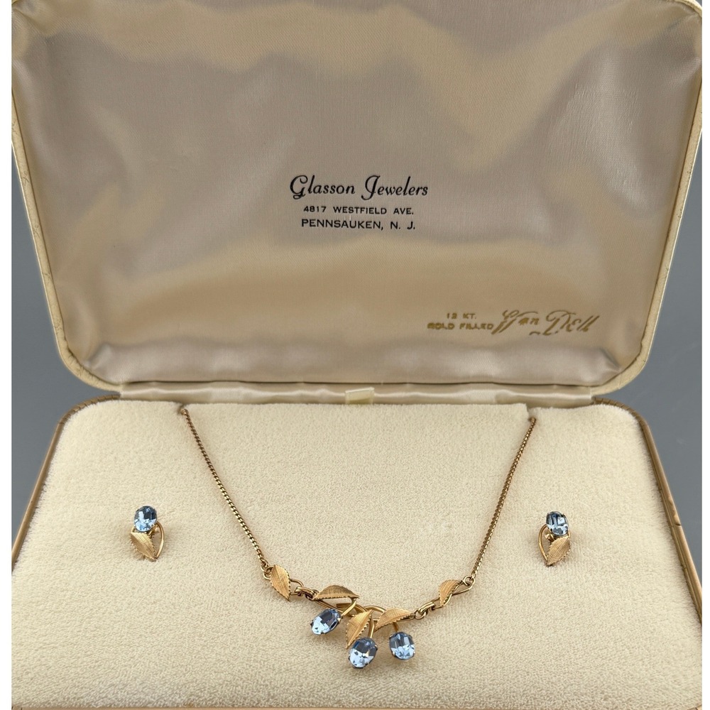 Vintage Van Dell Gold Filled Necklace Earring Set Blue Glass Stones Original Box